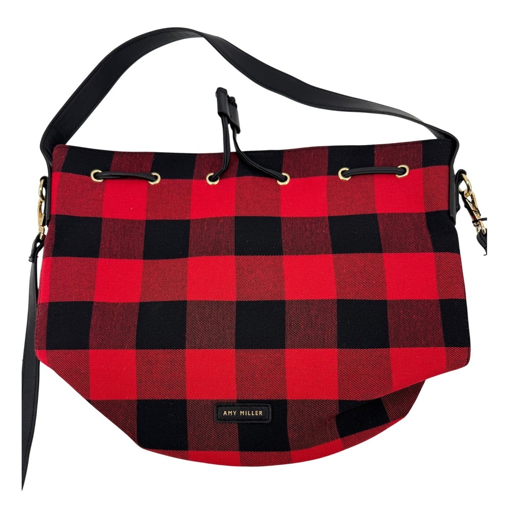 Amy Miller Bucket Bag Purse Buffalo Plaid Crossbody Drawstring Red Black